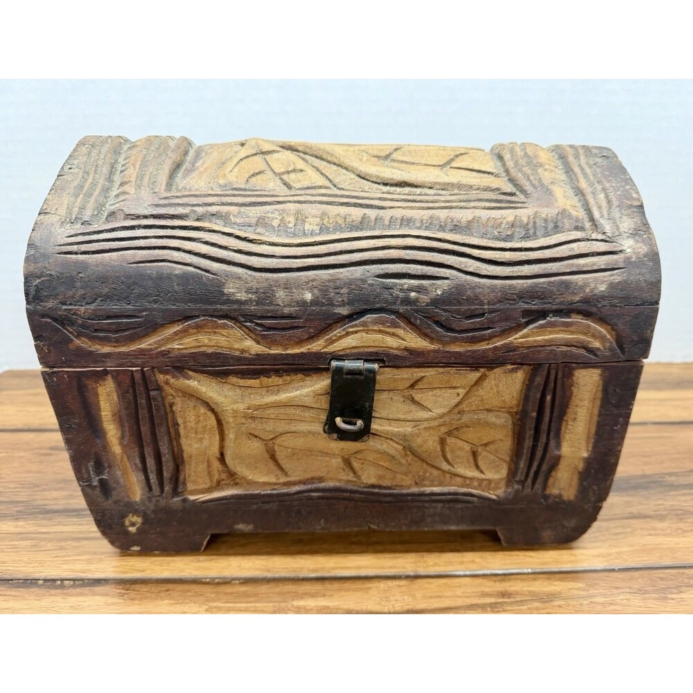 Vintage Hand Carved Wood Domed Footed Treasure Box Folk Art Floral Design